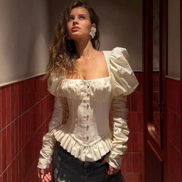 French Court-Style Square-Neck Puffy Long-Sleeve Shirt for Women with Single-Row Button Fastening and Cross-Tie Back Waist-Cinching Top French Court-Style Square-Neck Puffy Long-Sleeve Shirt for Women with Single-Row Button Fastening and Cross-Tie Back Waist-Cinching Top