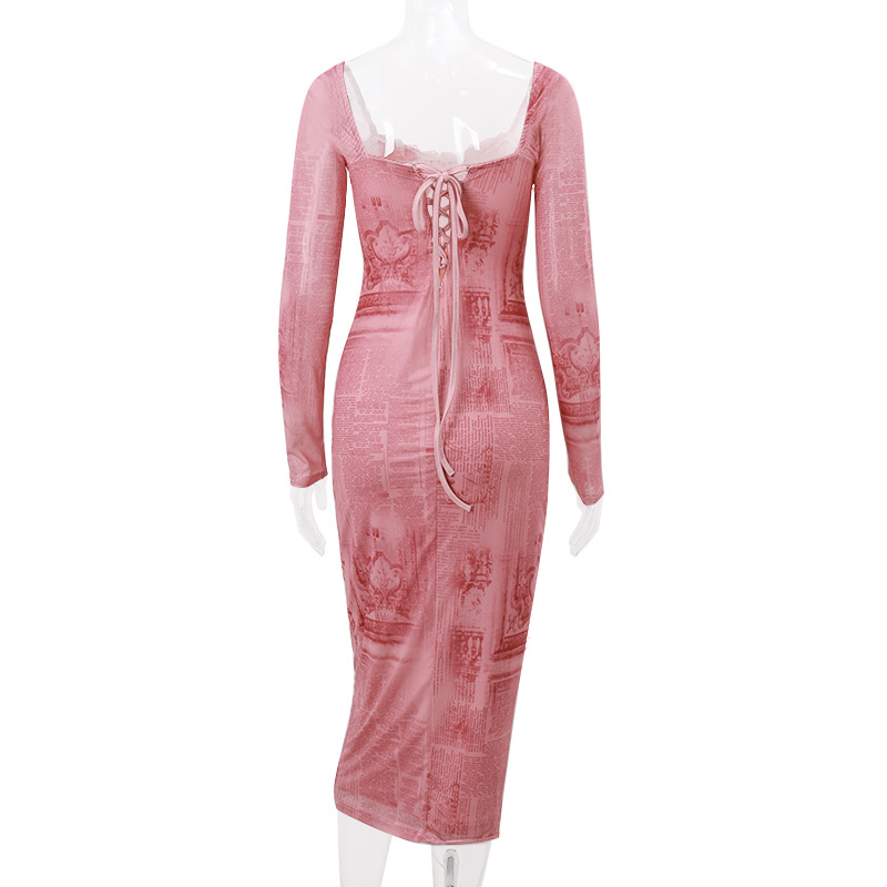 Women Clothing Autumn Best Sexy Low Cut Backless Square Collar Retro Slim Fit Long Sleeved Dress