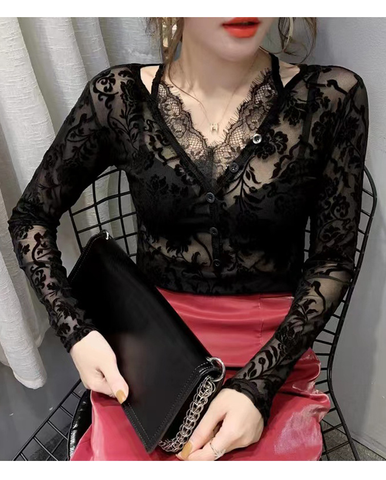 "Beflocktes V-Ausschnitt-Langarmshirt aus Mesh – Sonnenschutzbluse aus Hohlspitze für Damen"_voghion.com