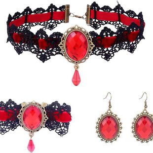 European and American cross-border best-selling clavicle chain Halloween dark gothic style sexy lace necklace bracelet earrings three-piece set