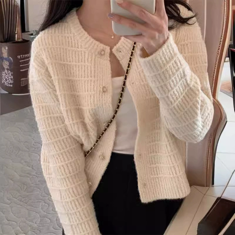 Новый стиль осенний ретро маленький ароматный ветер с круглым вырезом текстурированный трикотажный кардиган свободный свитер с длинными рукавами женский вязаный женский