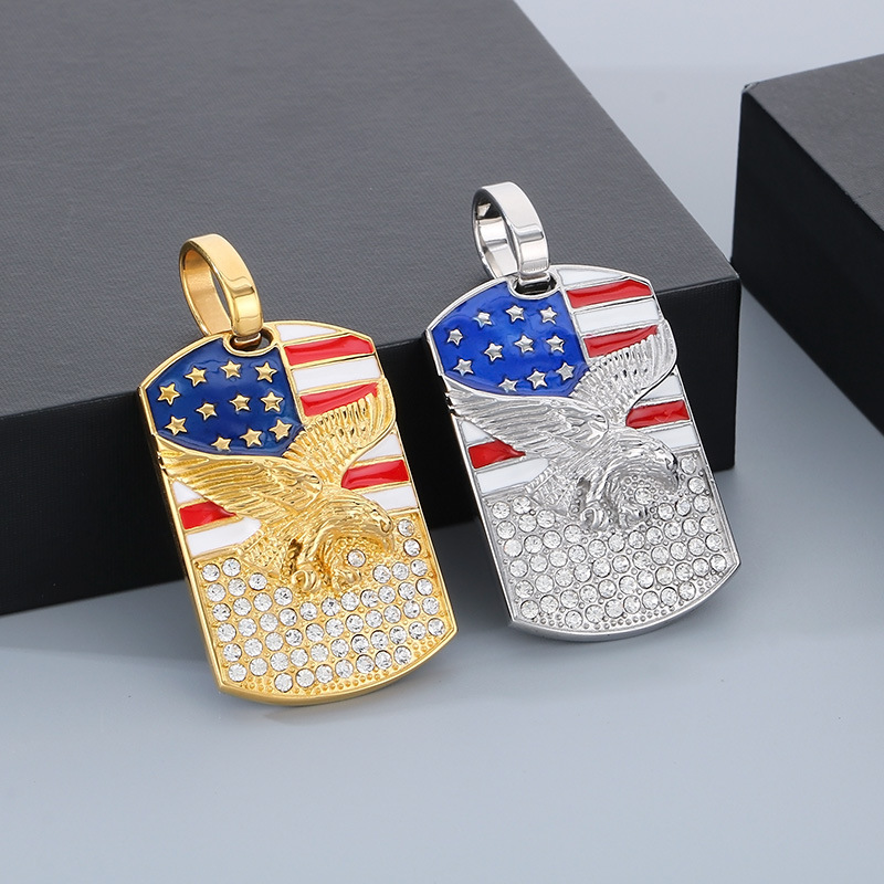 Cross Border Square Hip Hip Hip Hip Hip Hip Eagle Studded Eagle Paint US Flag Stainless Steel Men's Pendant