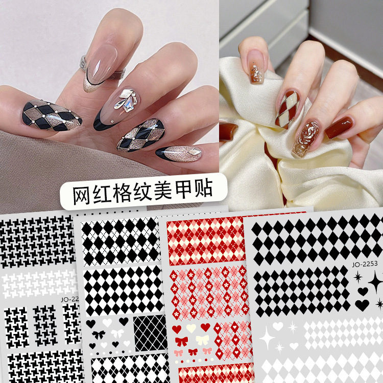 Popular online celebrity Diamond Plaid nail stickers geometric abstract plaid nail art houndstooth material nail decals