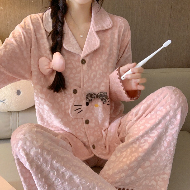 Cute Cartoon Island Velvet Pajamas for Women Autumn and Winter New Lapel Cardigan Long-Sleeved Suit Sweet and Warm Home Clothes