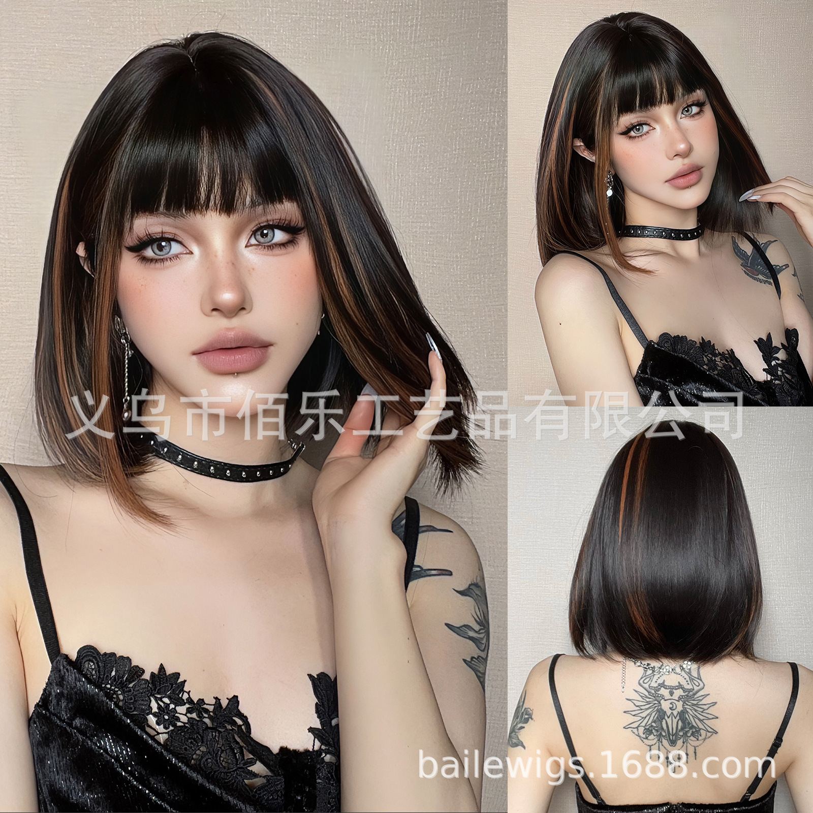 Peluca transfronteriza Qi flequillo cabeza de onda negra bobo pelo corto natural diario filamento químico fabricante spot wigs