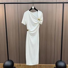 柚子mm2025年春夏斜襟半袖メリヤス金属ボタン装飾デザイン感フランス風気質ワンピース