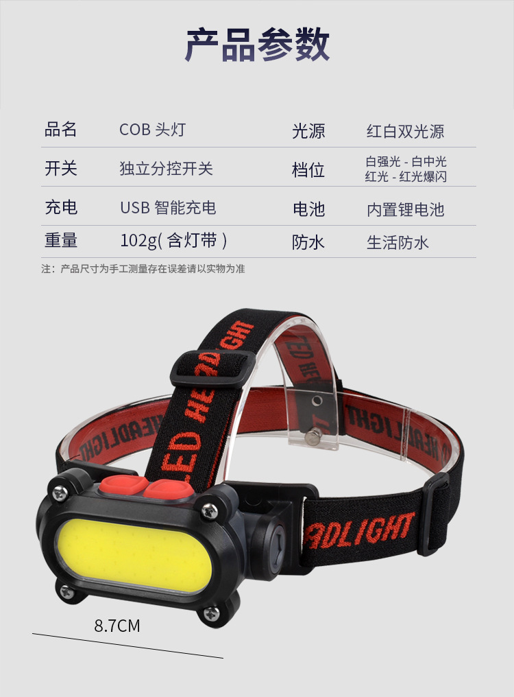 跨境新款LED头灯 COB强光USB充便携式电筒 户外骑行夜跑钓鱼头灯详情8