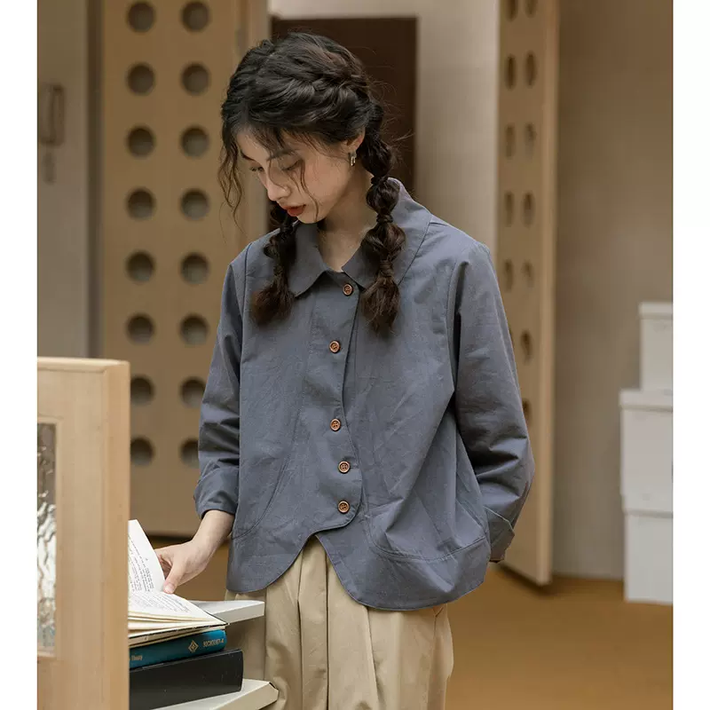 实拍 2025秋冬季日系磨毛纯棉宽松显瘦设计感翻领长袖衬衫上衣女