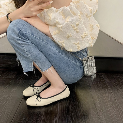 Su Yinyin's same style~soft~small fragrant bow square toe shallow mouth ballet flats for women