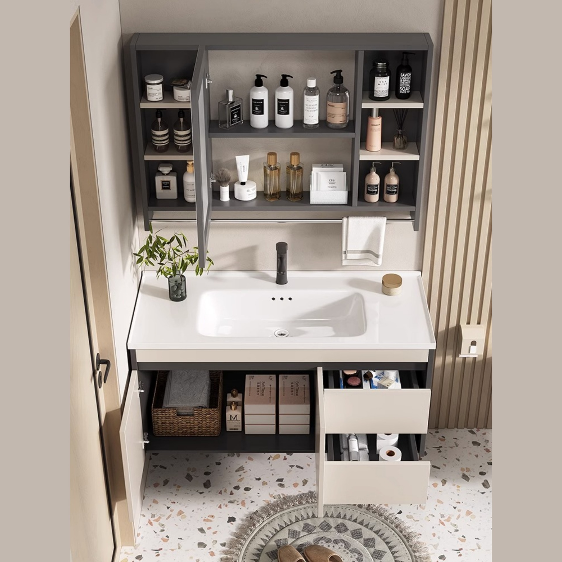 Combinación de gabinete de baño inteligente espejo de Feng Shui oculto mesa de lavado de baño lavabo integrado de cerámica