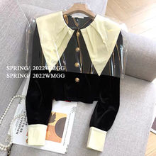 黑色丝绒衬衫女设计感小众法式感大翻领时尚洋气短款长袖上衣