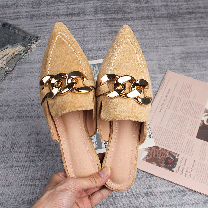 Flat half slippers women's spring and autumn new pointed metal chain Muller shoes 41-43 foreign trade shoes wholesale_voghion.com