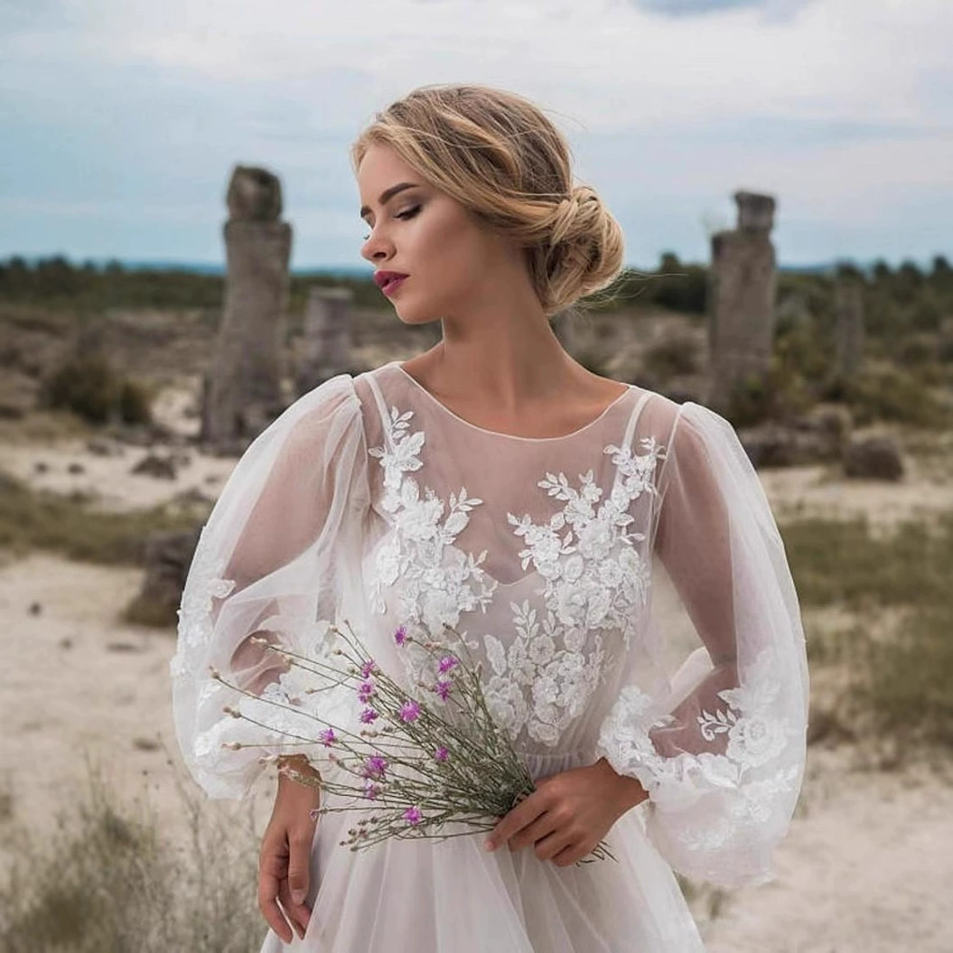 Новое кросс-бордерное платье для свадебной церемонии Amazon, с круглым вырезом, пышными рукавами, сетчатой вышивкой, новый стиль.