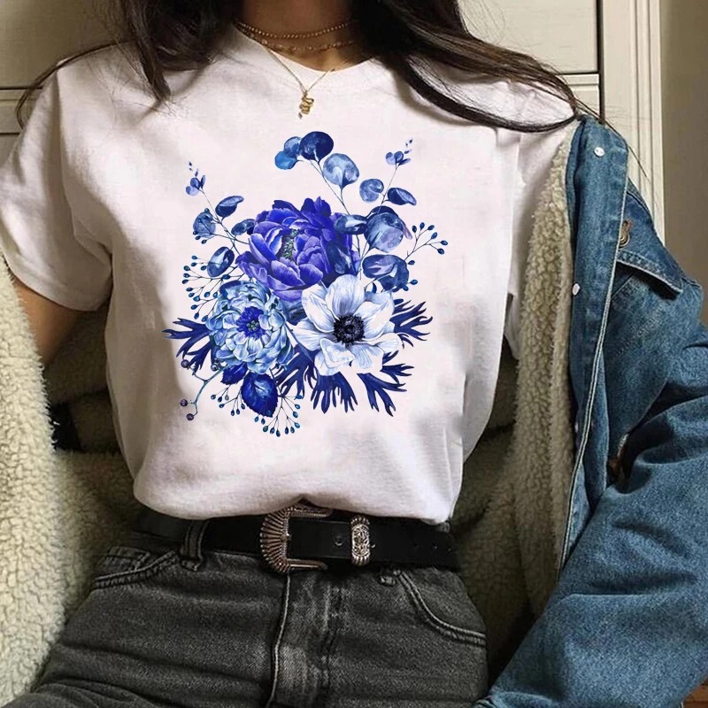 Foreign Trade Cross Border Women's Tee Print Graphic Plant Elegant Ladies Aesthetic Flower Flower Short Sleeve Clothing