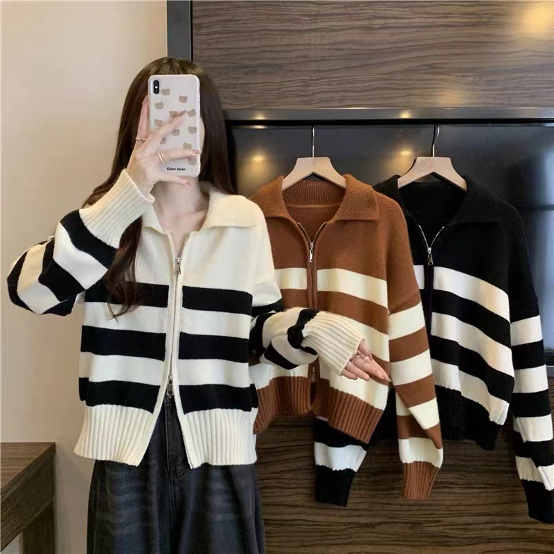 Lazy Style Striped polo Collar Zipper Long Sleeve Sweater Coat Autumn and Winter New Loose Knitted Top Women's Cardigan