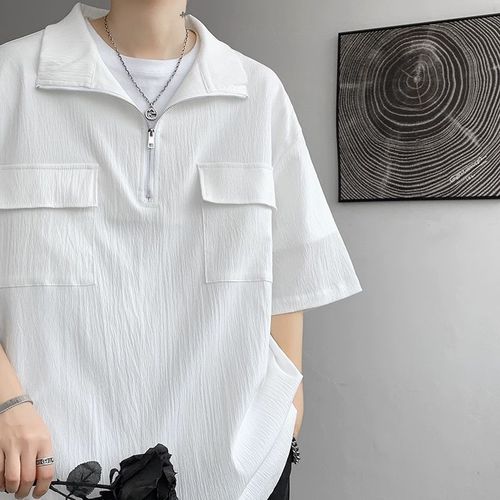 White High-End Half-Zip Short-Sleeve Men's Japanese Retro Pocket Design Polo Shirt T-Shirt Seven-Sleeve Top