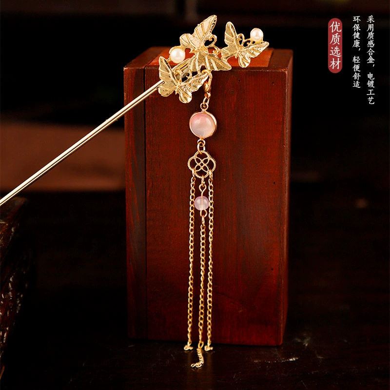 Ханфу, фуксия китайская шпилька для волос с кисточками, универсальная металлическая заколка для волос