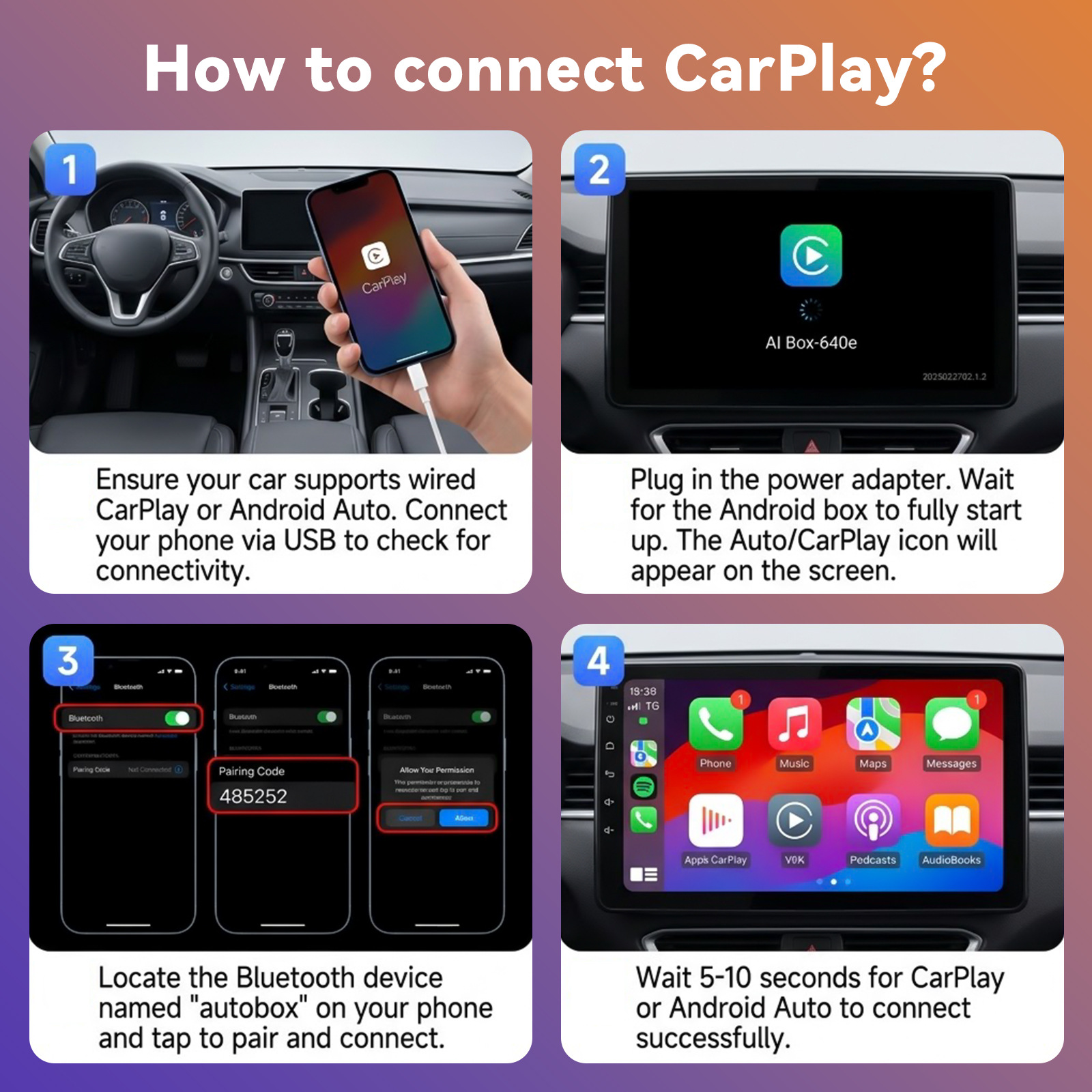 Cross-Border Best-Selling 4-in-1 Car Android Box Wired to Wireless Carplay Android Auto Screen Mirroring Box
