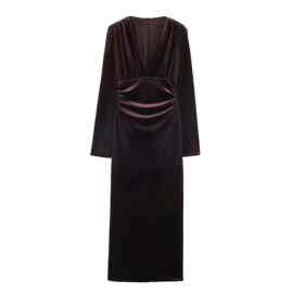 ZA跨境欧美外贸女装速卖通爆款秋季气质显瘦金丝绒低开叉连衣裙