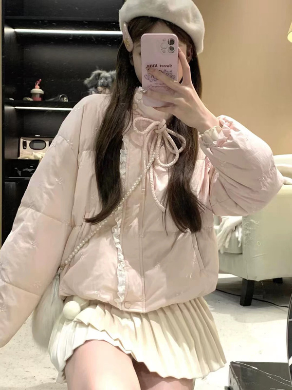 Pink Bow down Jacket for Women, New Korean Style Sweet Japanese Style Small Bread Jacket, Cotton Jacket