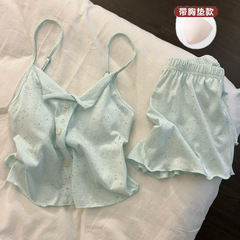 胸パッド付き、小さなフレッシュミントグリーンの甘いモーダルコットンサスペンダーショーツパジャマ、女性用夏の新しいホームウェア