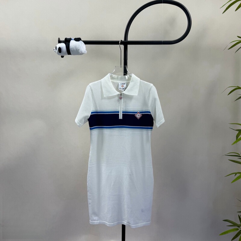 Casablanca Color-Blocked Hollow-Out Mesh Half-Zip Lapel Knit Women's Dress Cross-Border European and American Style Casablanca Color-Blocked Hollow-Out Mesh Half-Zip Lapel Knit Women's Dress Cross-Border European and American Style
