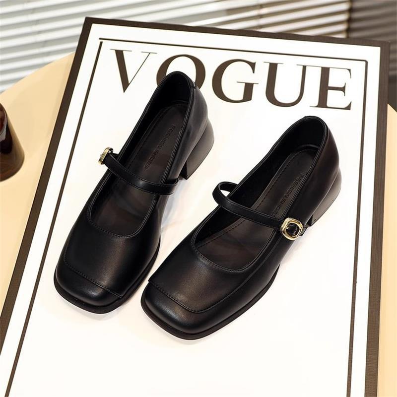 Cuero suave retro francés con zapatos Mary Jane para mujer de tacón grueso estilo británico zapatos de cuero de tacón medio negro zapatos de punta cuadrada