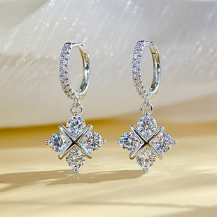 Cross-border S925 Sterling Silver Earrings Women's Mosan Diamond Earrings Square Earrings Temperament Classic Cross Cultivated Diamond Earrings