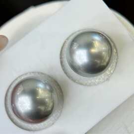 厂家批发天然铂金灰珍珠18K耳针11～12mm 正圆干净时尚百搭配礼盒