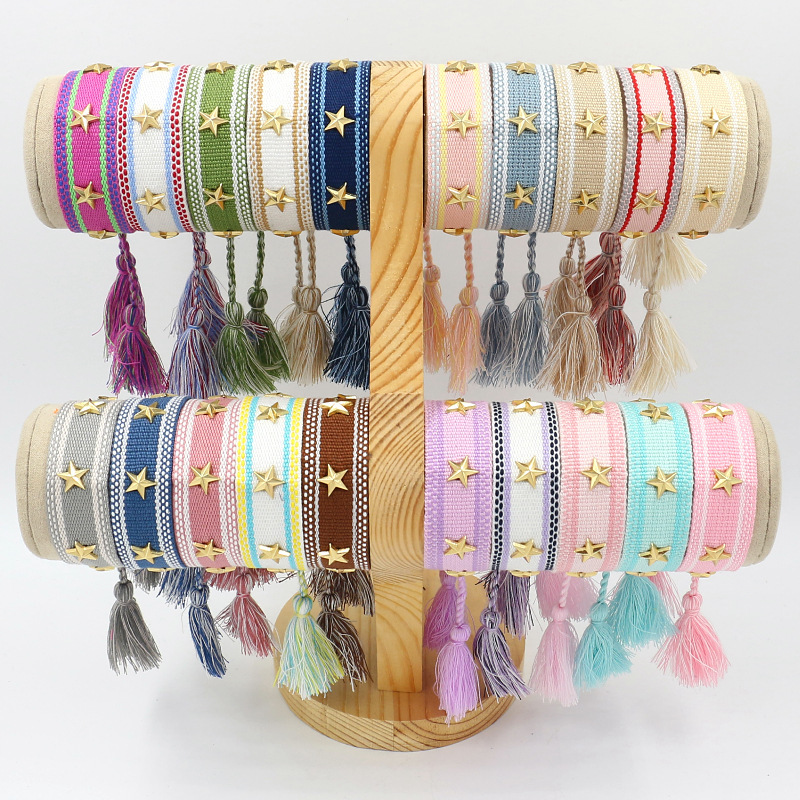 Cross-Border Jewelry Hot-Selling Gold Five-Pointed Star Metal Rivet Woven Bracelet Star Personalized Tassel Wristband
