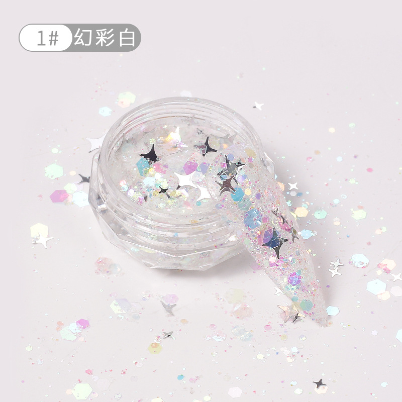 Celebridad de Internet nuevo multicolor clavo estrella flash lentejuelas tamaño mezclado láser brillo uñas lentejuelas joyería en caja