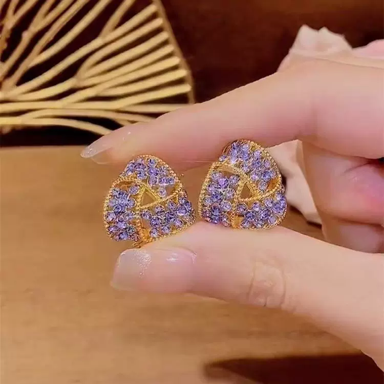 紫色钻三角形耳环新品潮流独特设计925银针耳钉简约耳饰
