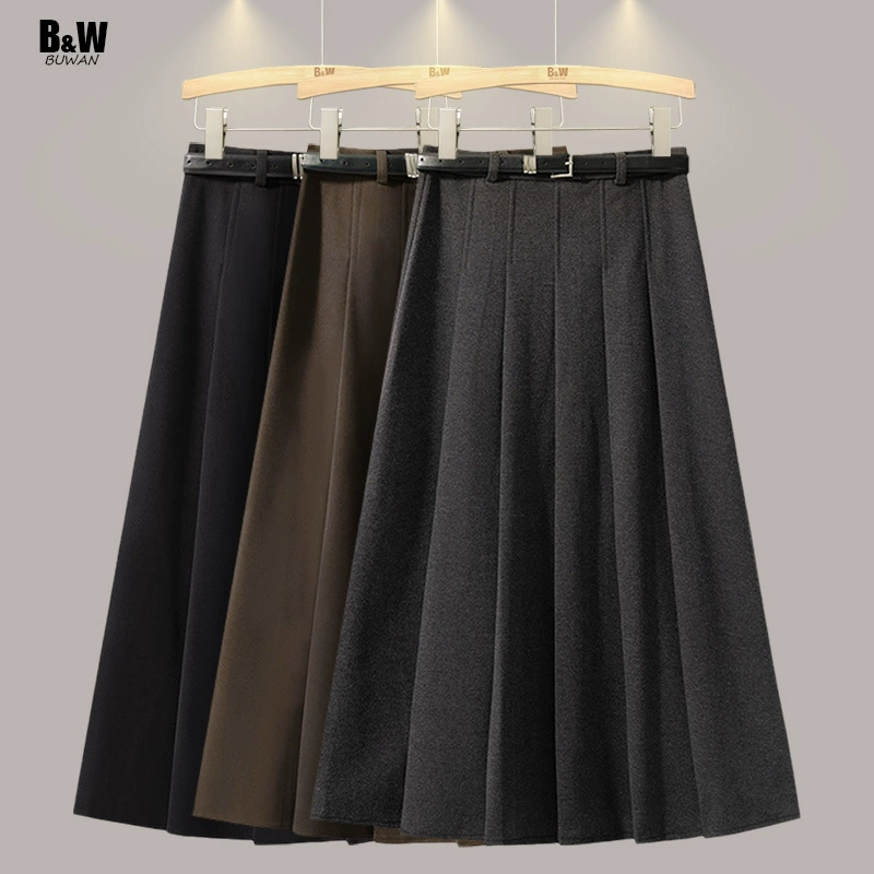 Серая шерстяная плиссированная юбка на коленях женская 2024 осень и зима новая тонкая высокая талия слово средняя длинная юбка
