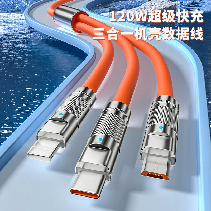 Корпус один перетаскивает три кабеля для передачи данных 120W Супер быстрая зарядка подходит для Apple Android TypeC утолщенный зарядный провод