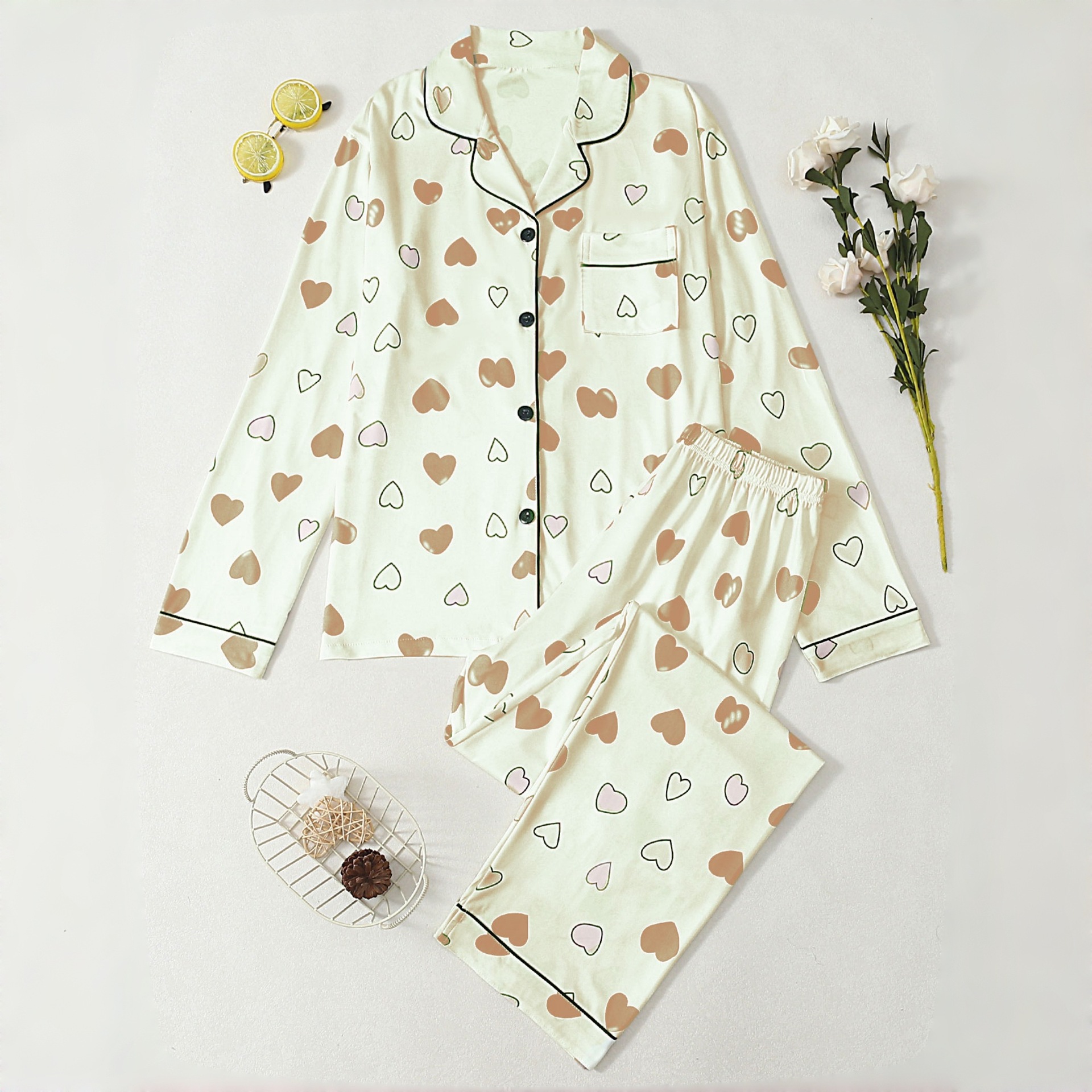 Conjunto de pijama de solapa para mujer: camiseta de manga larga y pantalón largo con estampado de corazones, ropa acogedora para el hogar._voghion.com