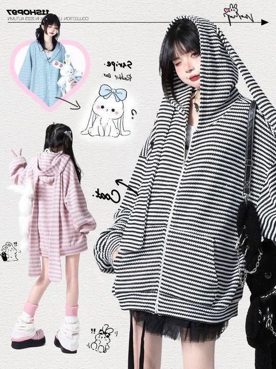 Striped Bunny Ear Hooded Knitted Cardigan for Women 2025 Spring and Autumn New Sweater Loose Lazy Style Top