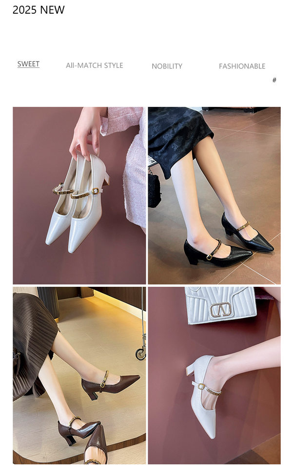 Giày cao gót nữ mũi vuông gót dày quai ngang đính xích, phong cách thanh lịch — Màu trắng nhạt, nâu, đen chi tiết 2