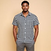 跨境外贸夏季男士衬衫时尚格子印花海边沙滩日常休闲通勤短袖开衫