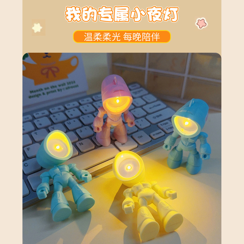 Creative poseable robot night light, macaron-style, three-color soft light, desktop ornament, suitable for student dorms and as a gift for market stalls