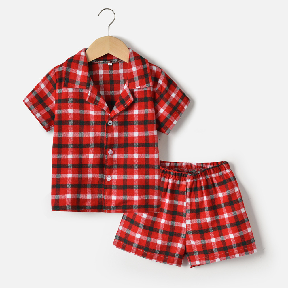 2024 comercio exterior ropa para niños y niñas rebeca de manga corta a cuadros con solapa de verano pantalones cortos elástico pijamas kids de dos piezas