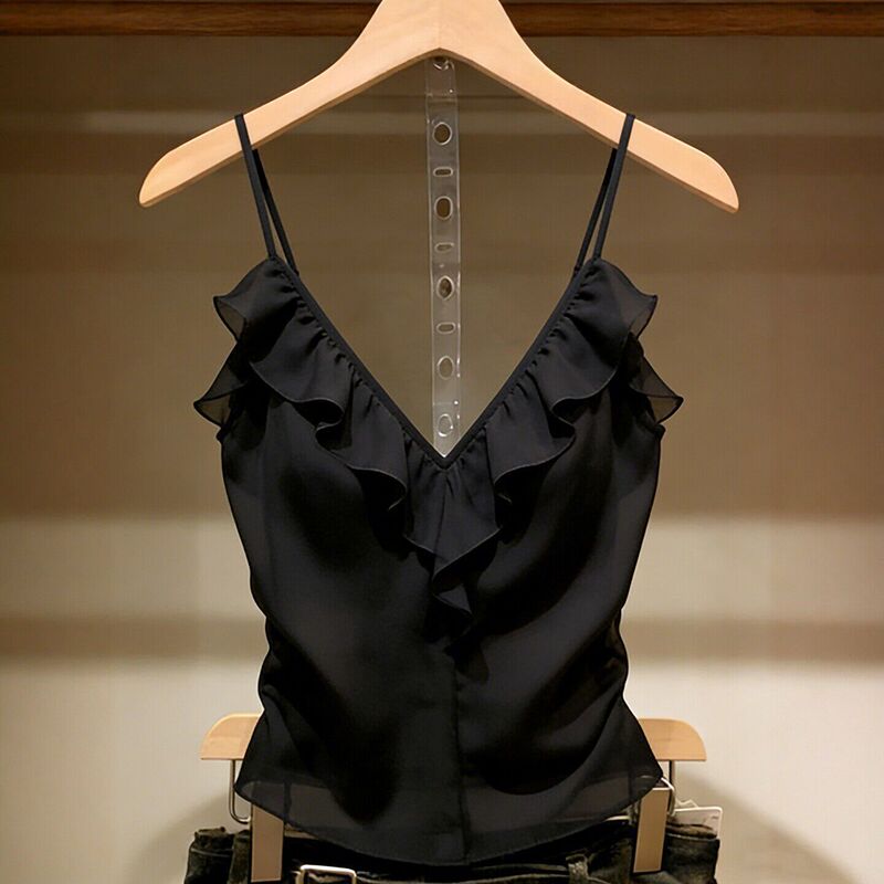 New Versatile Ruffled V-Neck Camisole Black Top Korean Fashion Ruffle Pleated Camisole Trendy