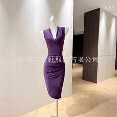 装新款紫色韵味压褶V领收腰设计无袖露肩包臀短裙女连衣裙