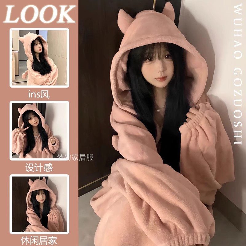 Little Devil camisón Otoño e Invierno Nuevos pijamas con Capucha forrada de lana engrosada ropa para el hogar hombres y mujeres pareja bordada suéter Suelto