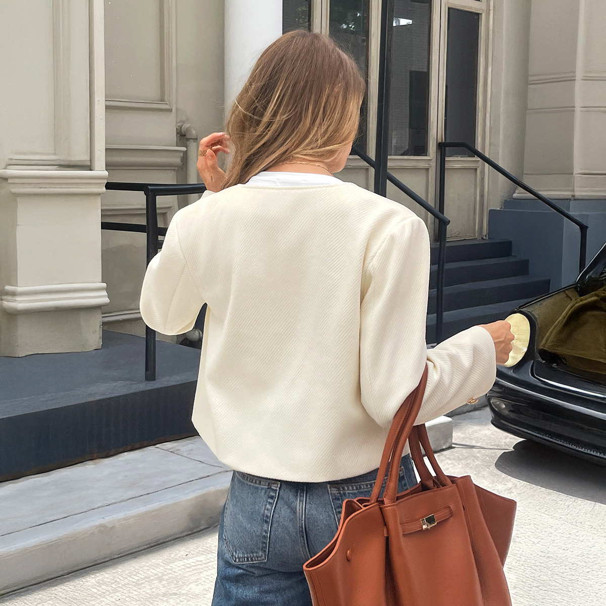 Women's Short Jacket Round Neck Top Spring Summer Outerwear_ecoleips.com