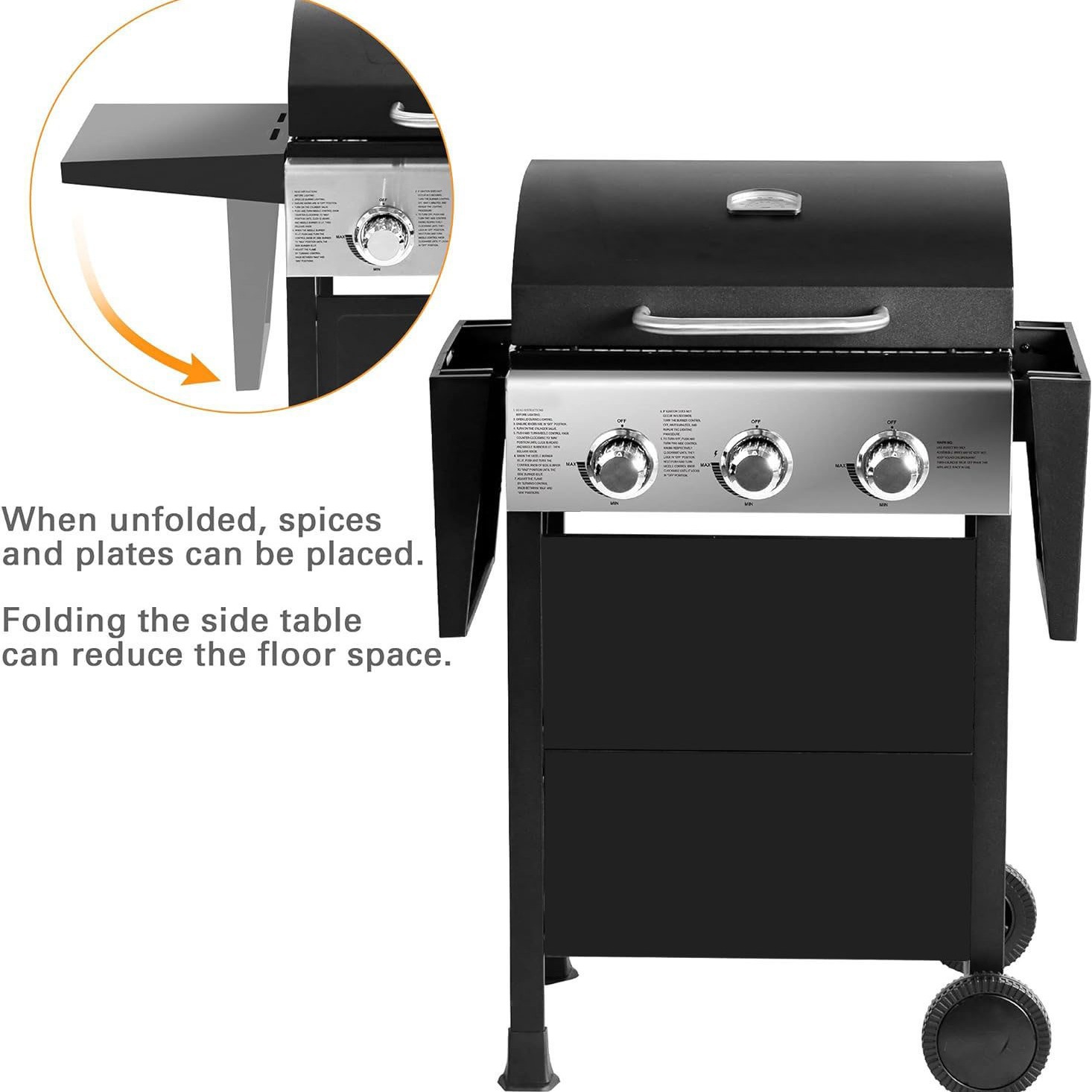 Multifuncional con horno lateral, horno de barbacoa americano, parrilla de gas, mesa lateral plegable con ruedas de barbacoa