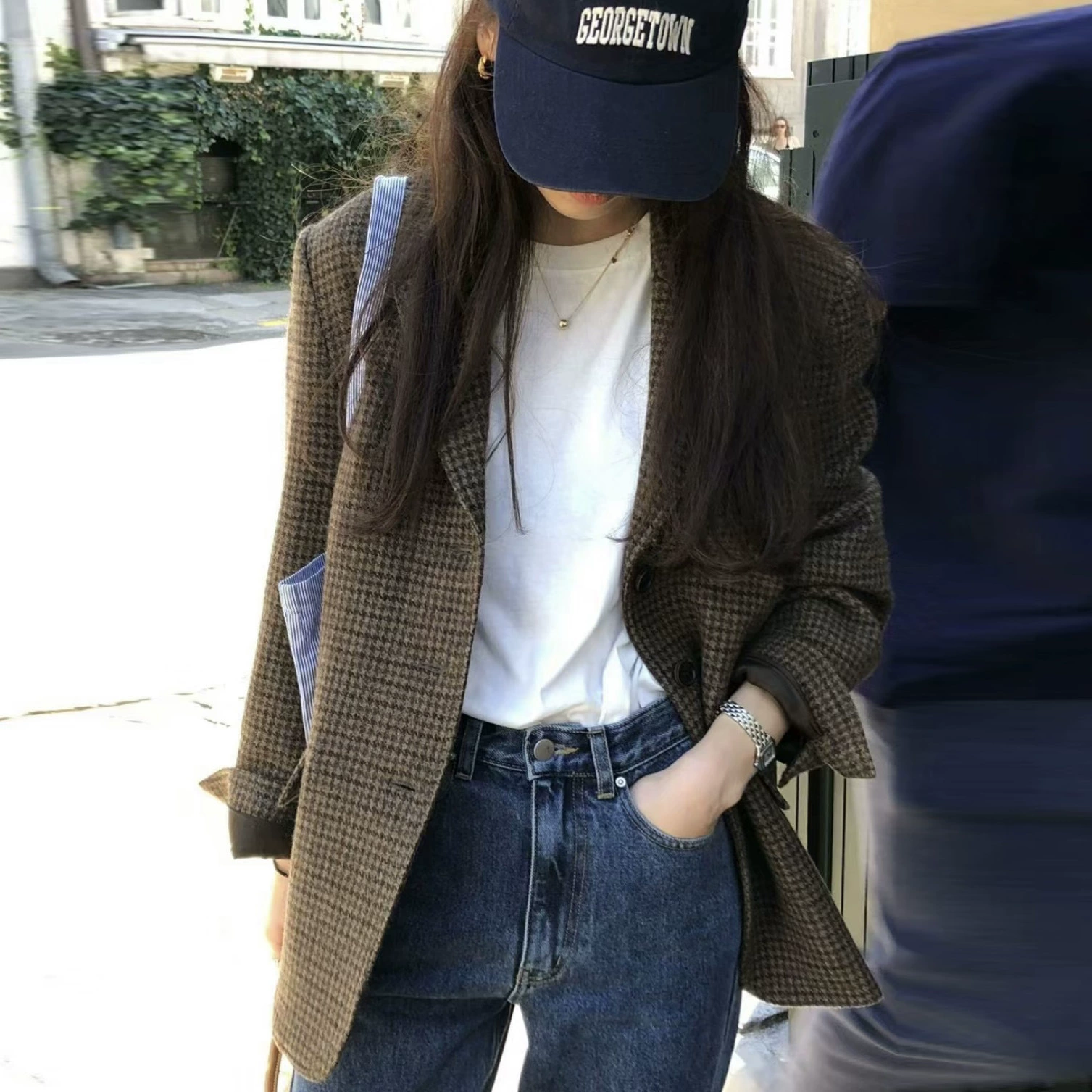 Новый зимний шерстяной блейзер 2024 года в стиле французского ретро, с воротником-стойкой, однобортный, в клетку «гусиная лапка», для повседневной носки