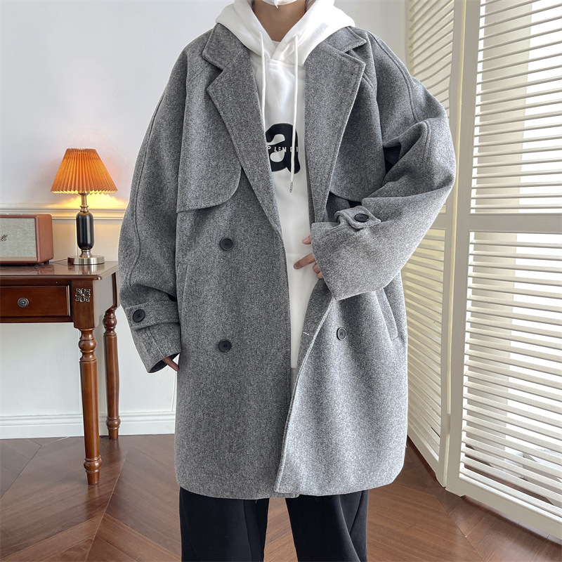 Abrigo de lana de los hombres de moda ins Otoño e Invierno suelta estilo británico Yupi trench coat de lana de moda engrosada abrigo de longitud media
