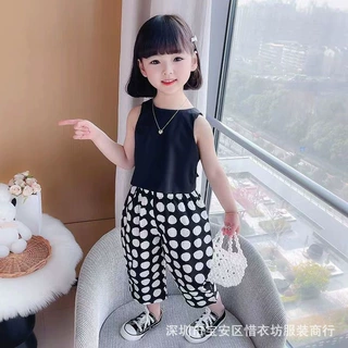 2025新款儿童露背圆点两件套夏季女童无袖套装纯色休闲女童装批发