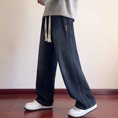 Autumn and Winter New Fleece-Lined Jeans for Men — Washed-Effect, Loose-Fit, Straight-Leg Casual Trousers—Trendy American-Style High-Street Pants