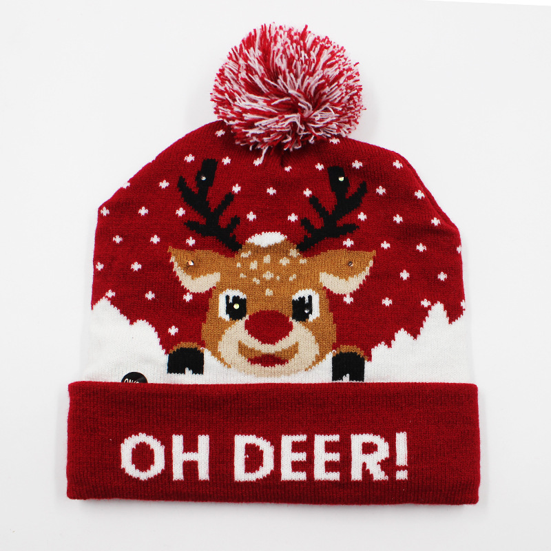 Fabricante transfronterizo de gorros navideños europeos y americanos tejidos en jacquard, gorros navideños de lana con luces LED, gorros navideños con pompón y bufandas. image 23